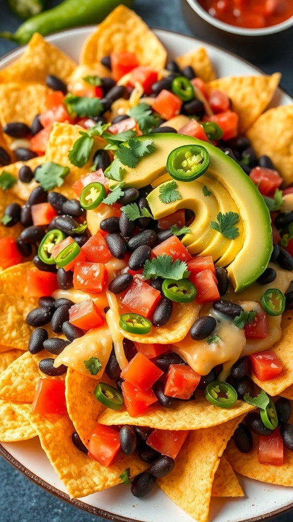 A plate of healthy nachos with black beans, tomatoes, jalapeños, cheese, avocado, and salsa.